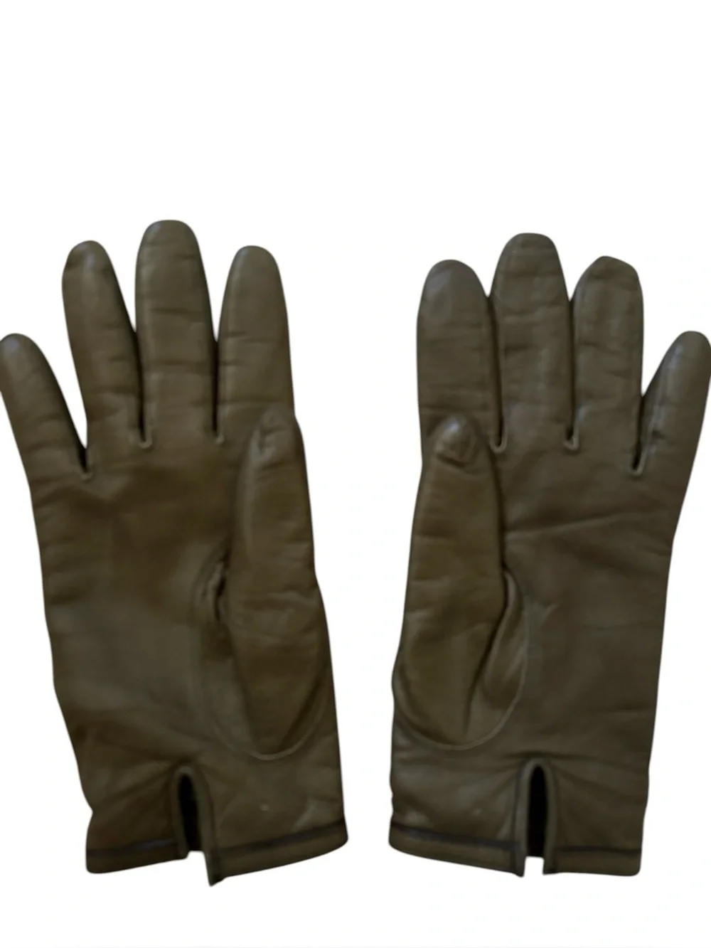 Gucci Olive Green Leather Cashmere Lined Interlocking G Charm Gloves Size 7.5